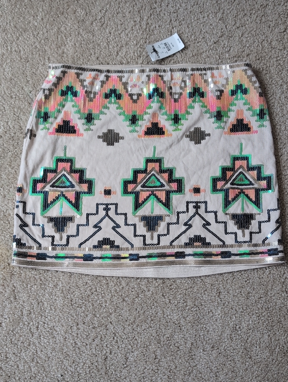 NWT Express Sequin Tribal Mini Skirt - Pink, Green & Black XS